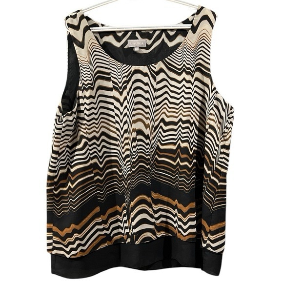 Tops - LAURA Sleeveless Blouse - Neutral Browns & Cream with Curved Line Pattern